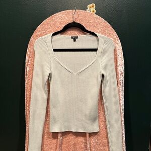 Tea Green Ribbed V-Neck Top